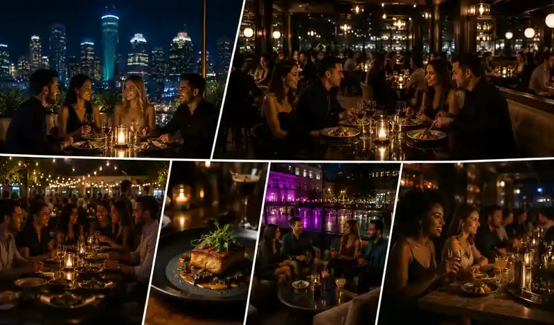 Friends enjoying late-night dining, cocktails, rooftop lounges, and upscale social experiences in Houston after dark.
